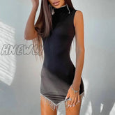 Hnewly 2024 Women Fashion Lady Sexy Elegant Dress Rhinestone Tassel Sheath Solid Sleeveless Bodycon